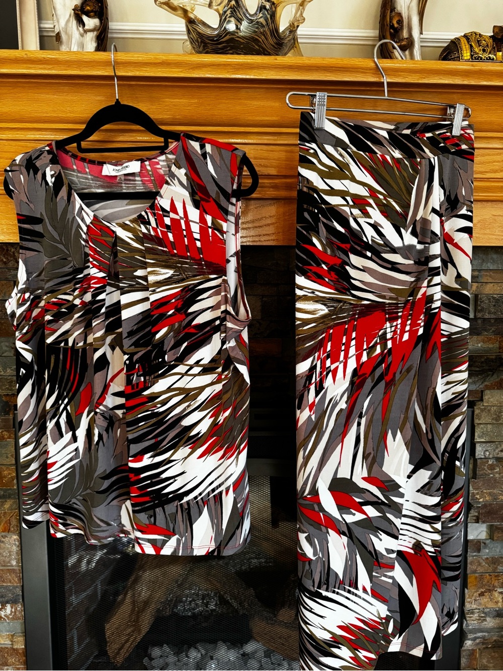 Printed blouse size XL
and skirt size L Red, White & Gray.